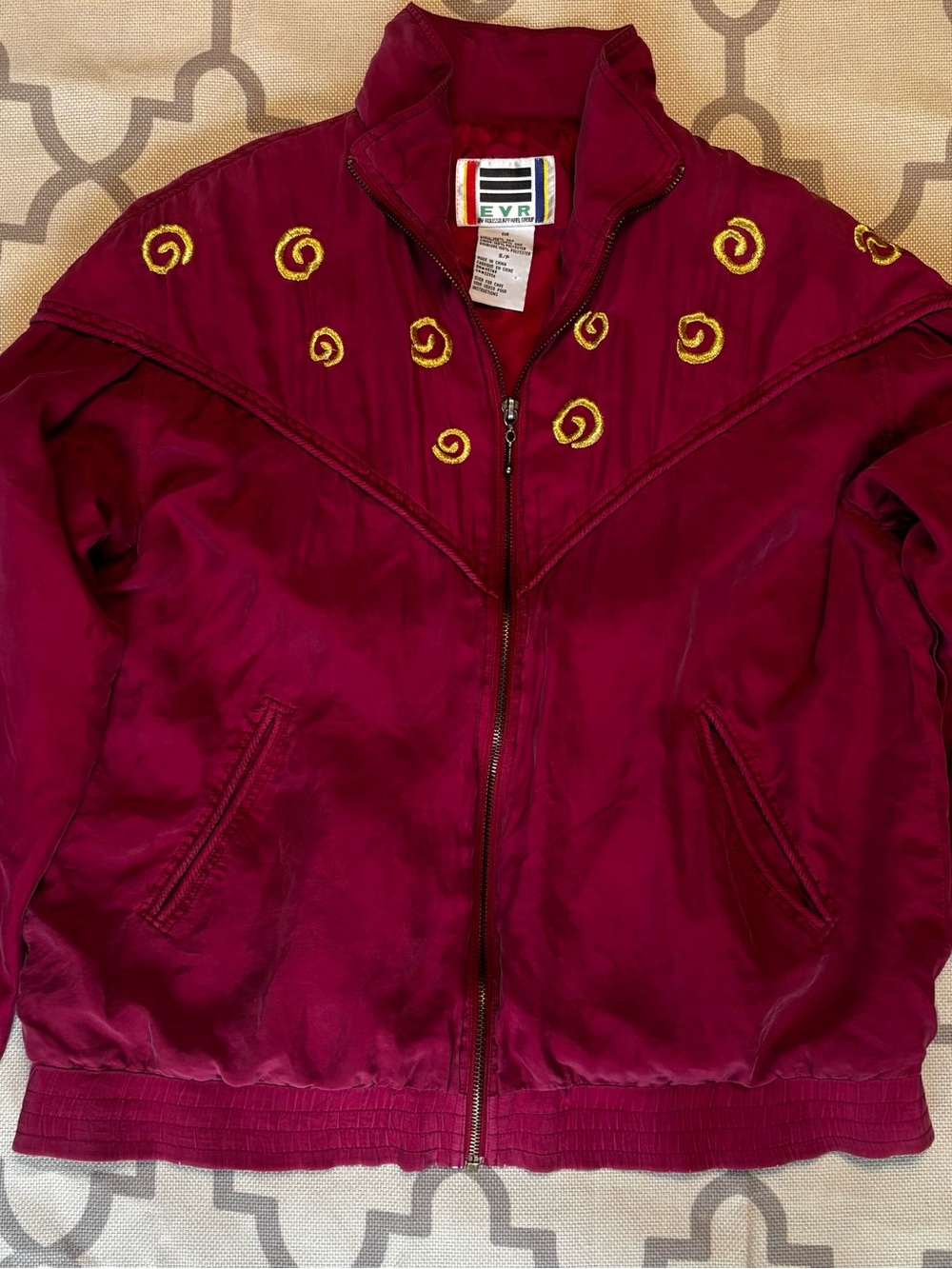 Vintage Magenta EVR Zip-Up Bomber Jacket with Gold Swirl Embroidery Silk shell.